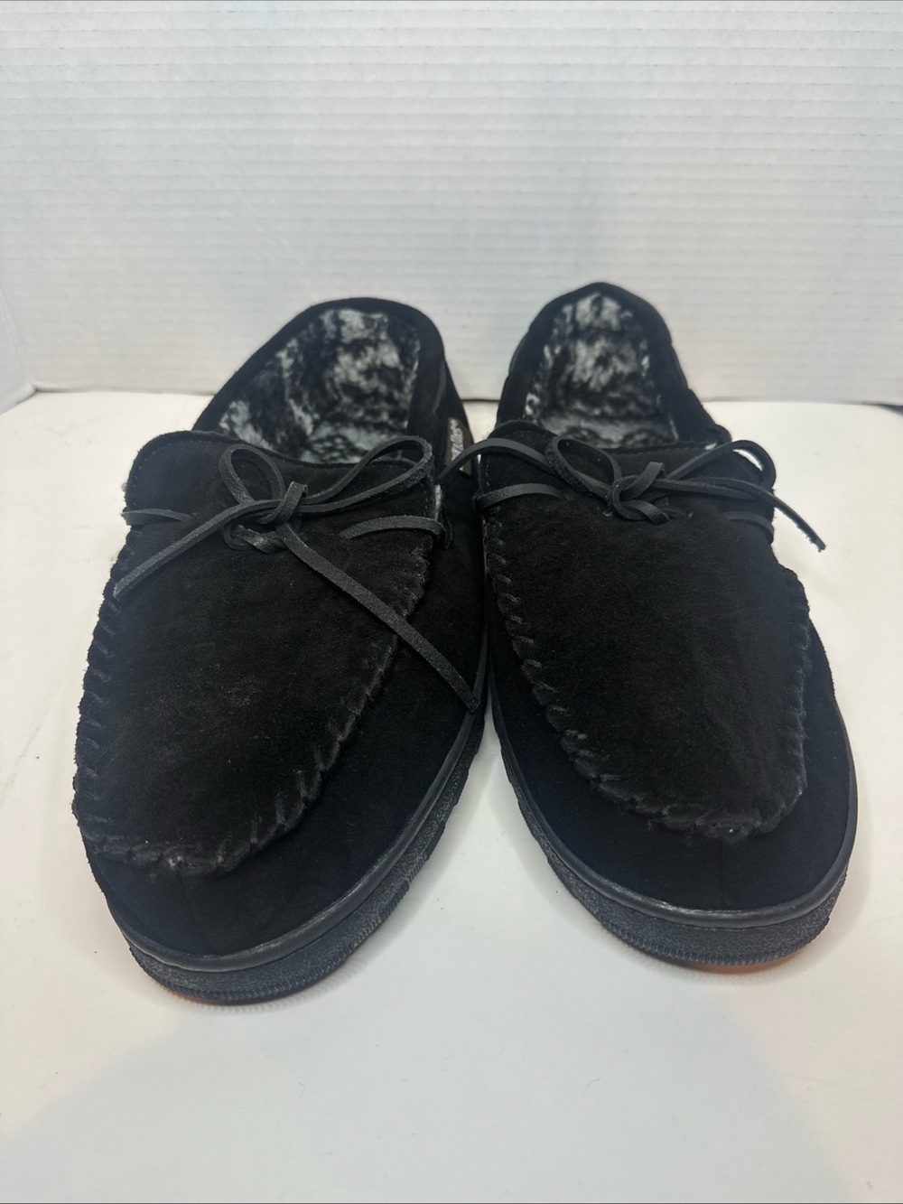 Muk Luks Men's Black Suede Moccasin Slippers with Faux-Fur Lining